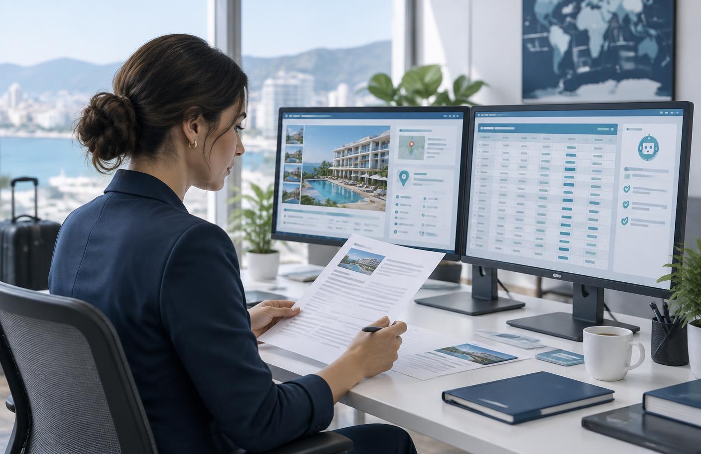 Travel specialist reviewing a hotel contract with AI-assisted validation
